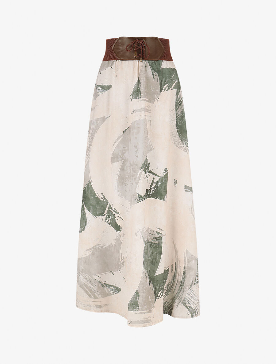 Jupe longue évasée imprimé abstrait - Kaki - 4