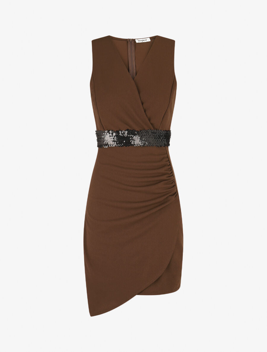 Robe asymétrique à taille en sequins - Marron - 1