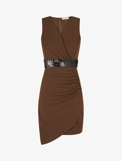Robe asymétrique à taille en sequins - Marron - 1