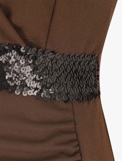 Robe asymétrique à taille en sequins - Marron - 3