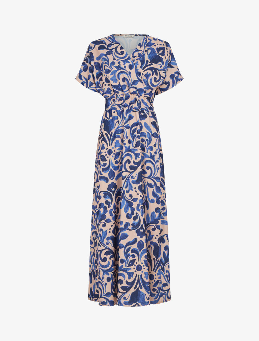 Robe longue manches courtes imprimé graphique - Bleu - 4