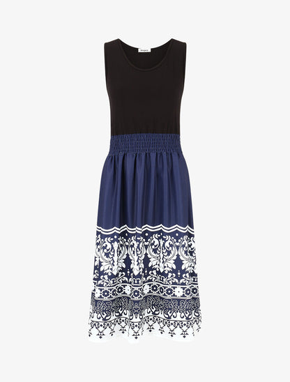 Robe midi évasée sans manches imprimé floral - Marine - 4