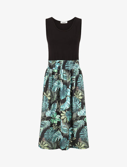Robe midi évasée sans manches imprimé tropical - Noir - 1