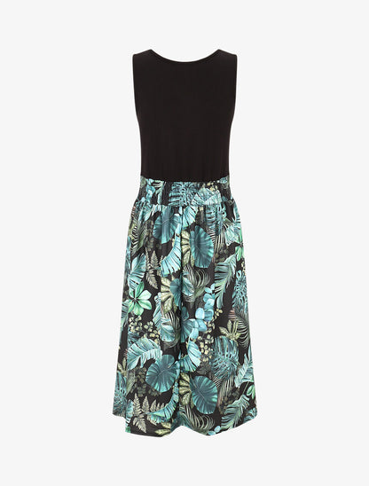 Robe midi évasée sans manches imprimé tropical - Noir - 2