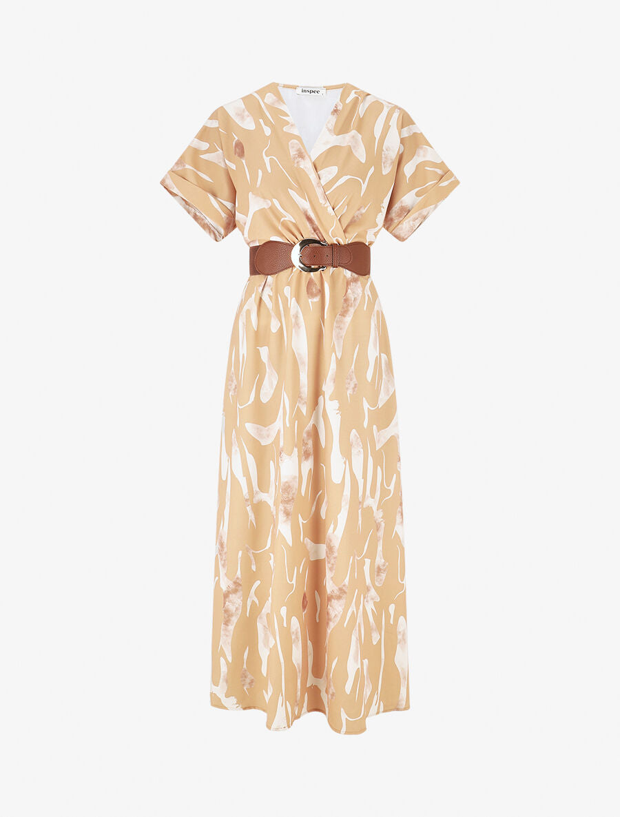 Robe longue à cache-coeur imprimé abstrait - Camel - 1
