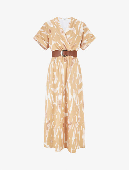Robe longue à cache-coeur imprimé abstrait - Camel - 1