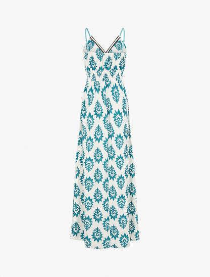 Robe longue à taille élastiquée imprimé floral - Bleu canard - 2