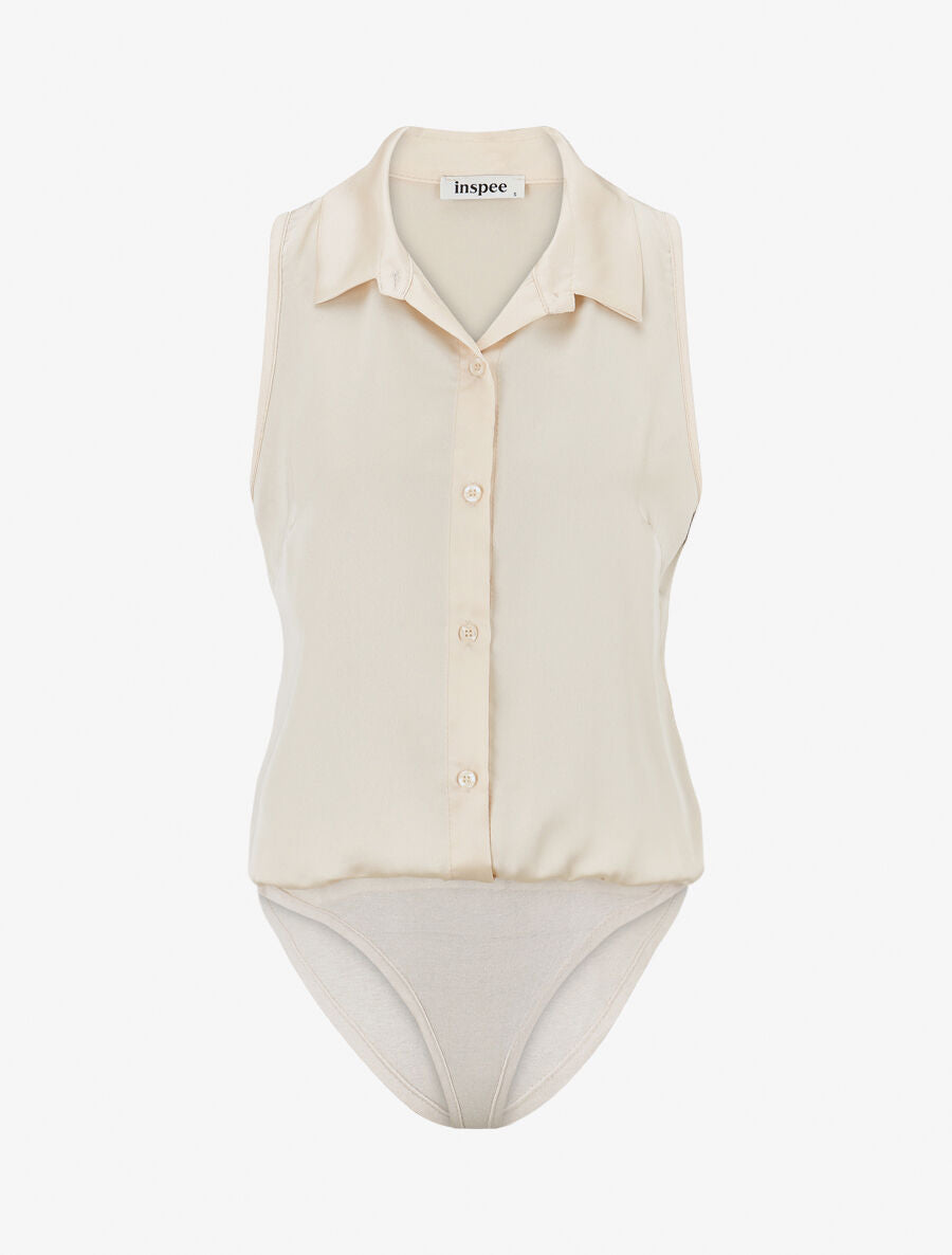 Body satiné style chemise sans manches - Beige - 4