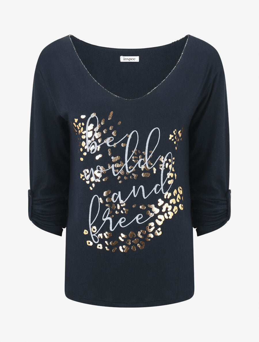 Pull droit et fin flocage léopard - Marine - 4