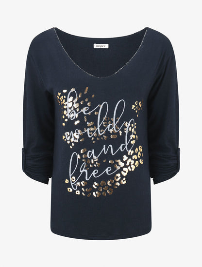 Pull droit et fin flocage léopard - Marine - 4