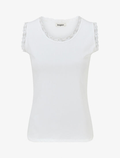 Débardeur côtelé à dentelle coupe ajustée - Blanc - 1