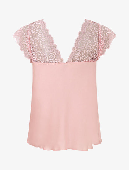 Top satiné à mancherons en dentelle - Rose - 2