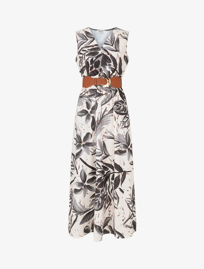 Robe longue élastiquée imprimé feuillage - Noir - 1