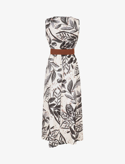 Robe longue élastiquée imprimé feuillage - Noir - 2