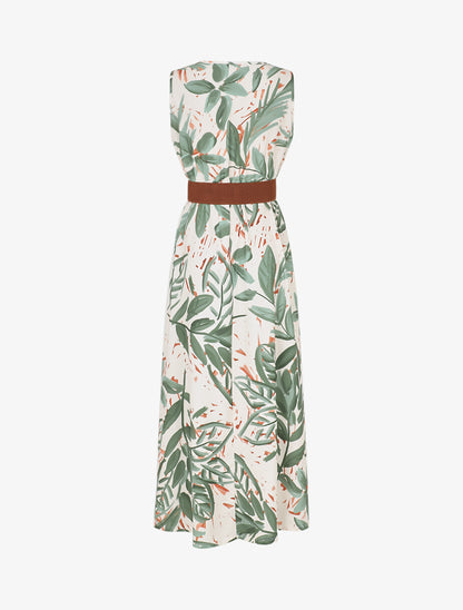 Robe longue élastiquée imprimé feuillage - Kaki - 2