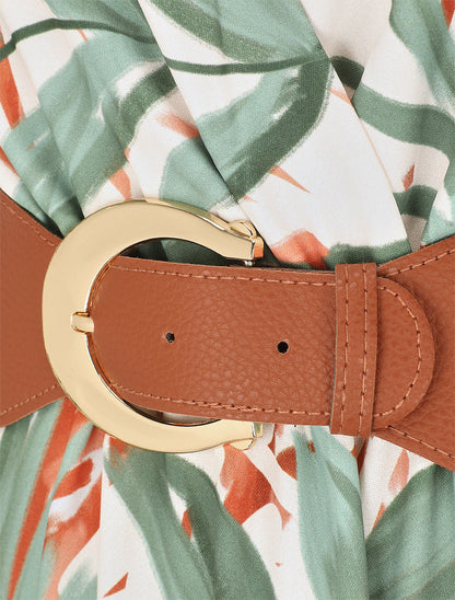 Robe longue élastiquée imprimé feuillage - Kaki - 3