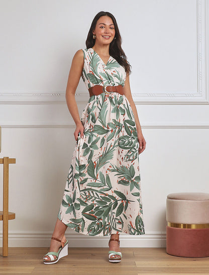 Robe longue élastiquée imprimé feuillage - Kaki - 8