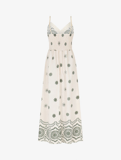 Robe élastiquée imprimé fleurs - Kaki - 2