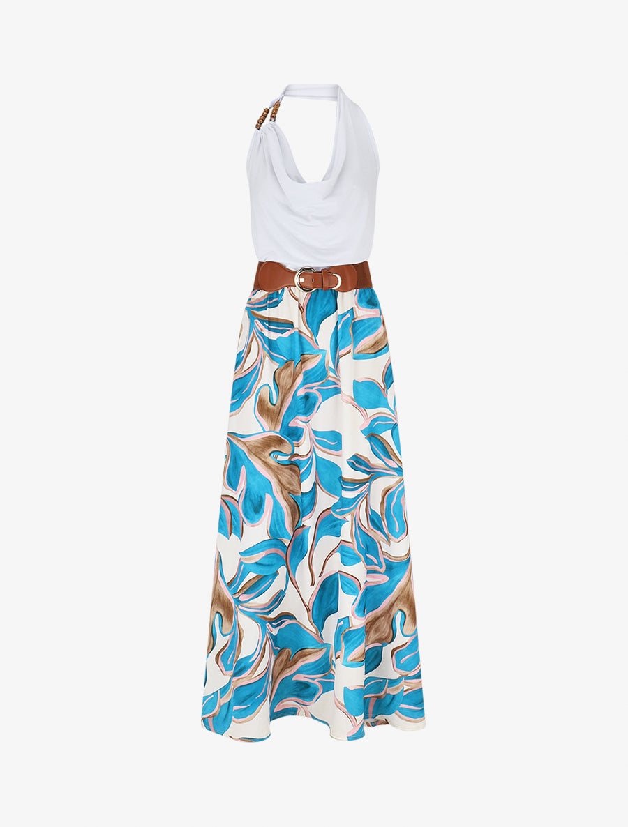 Robe longue dos nu à imprimé grandes feuilles - Bleu canard - 1