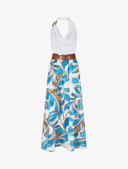 Robe longue dos nu à imprimé grandes feuilles - Bleu canard - 1