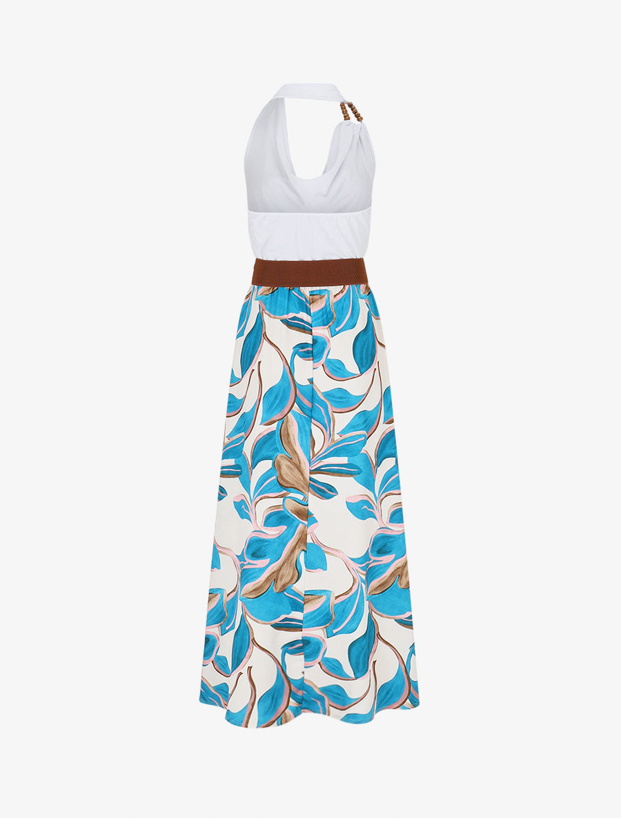 Robe longue dos nu à imprimé grandes feuilles - Bleu canard - 2