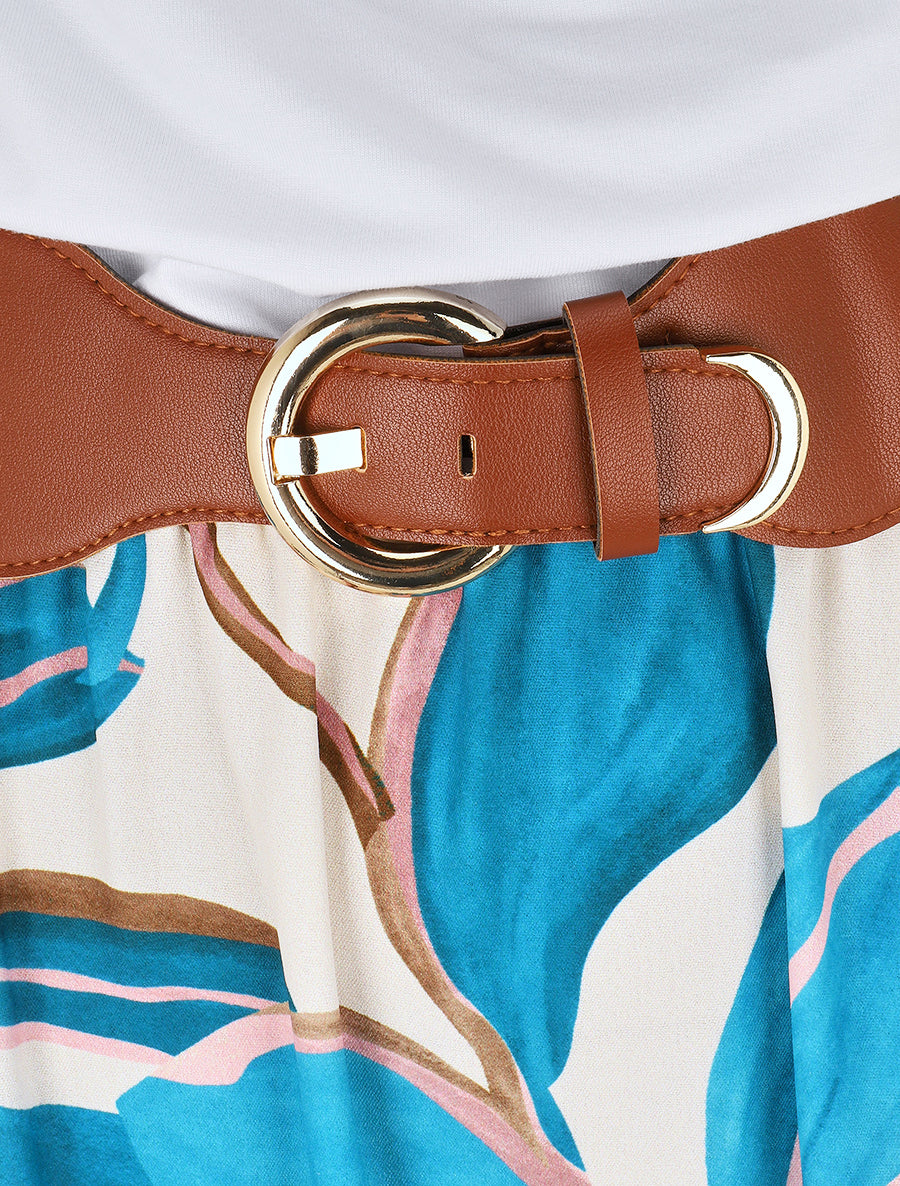 Robe longue dos nu à imprimé grandes feuilles - Bleu canard - 3