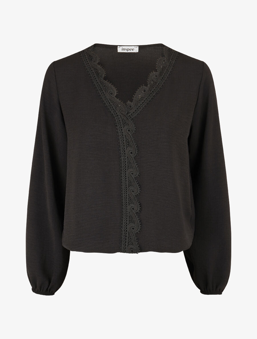 Blouse à col V brodé - Noir - 1