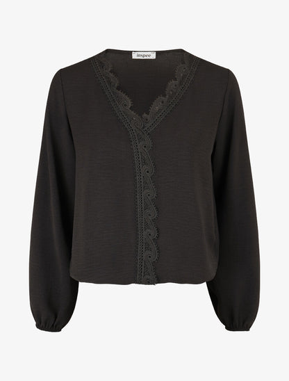 Blouse à col V brodé - Noir - 1