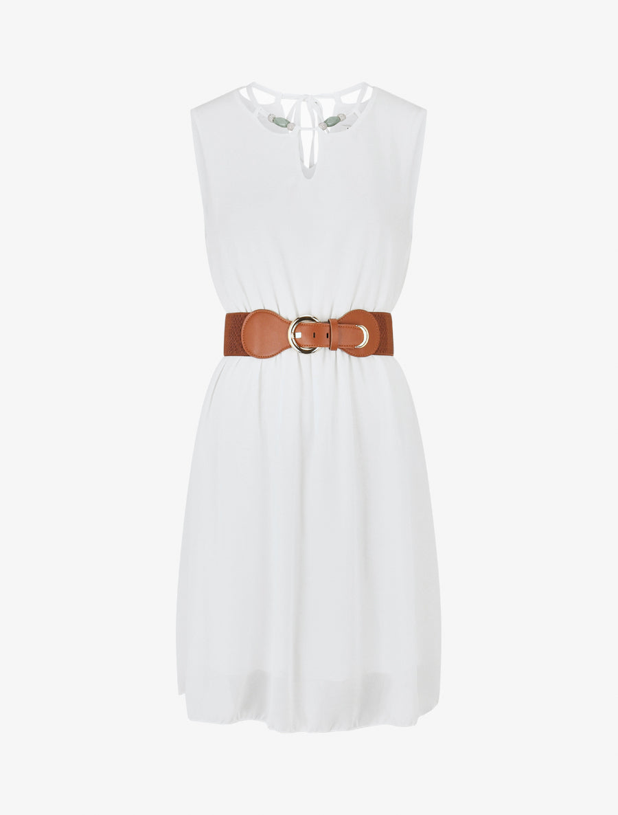 Robe mi-longue unie à col à perles - Blanc - 1