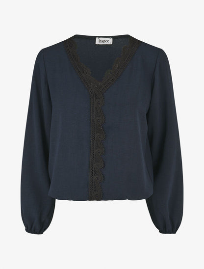 Blouse à col V brodé - Marine - 1