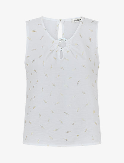 Top droit col fantaisie imprimé plumes dorées - Blanc - 1