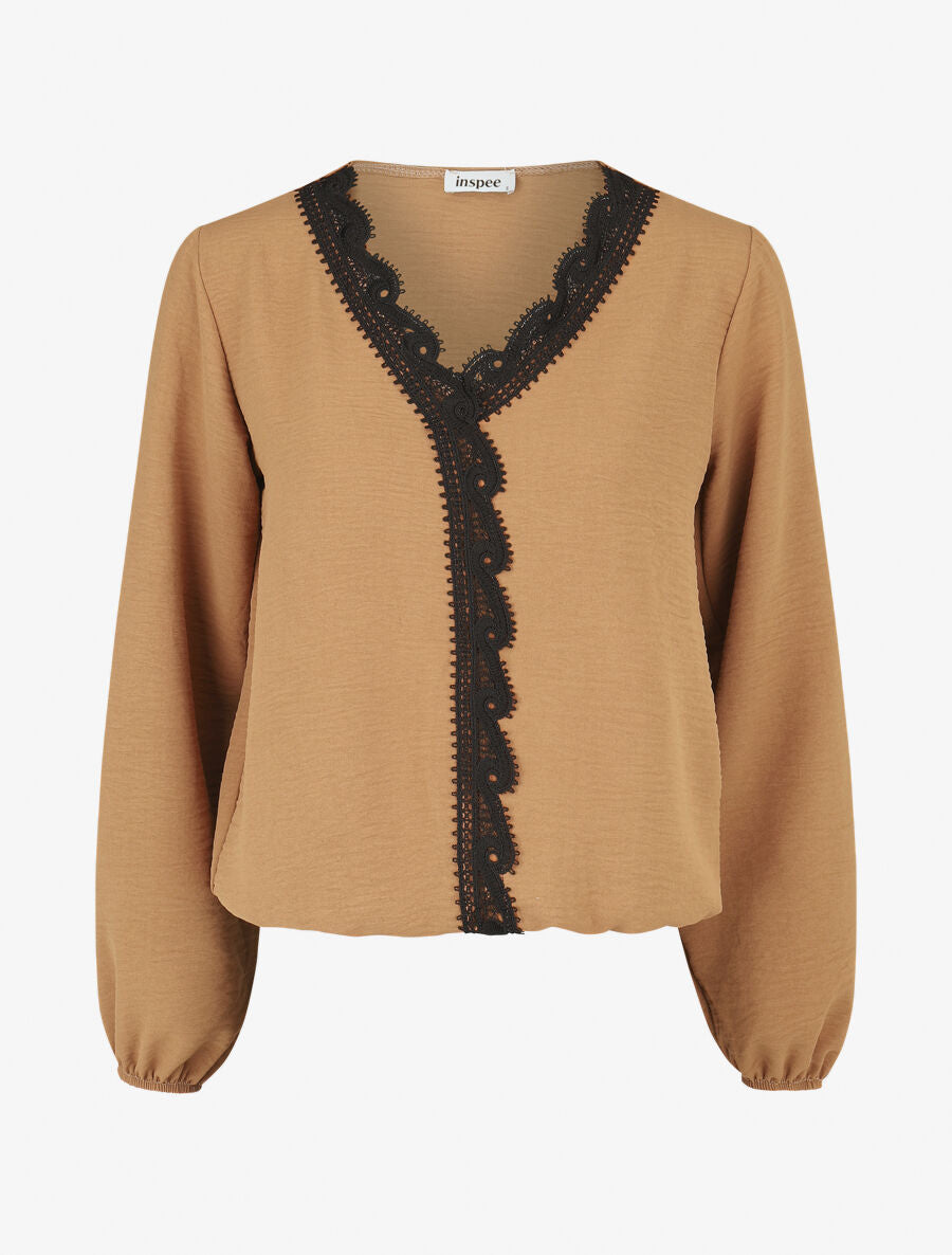 Blouse à col V brodé - Camel - 1