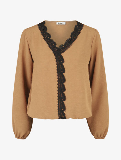 Blouse à col V brodé - Camel - 1
