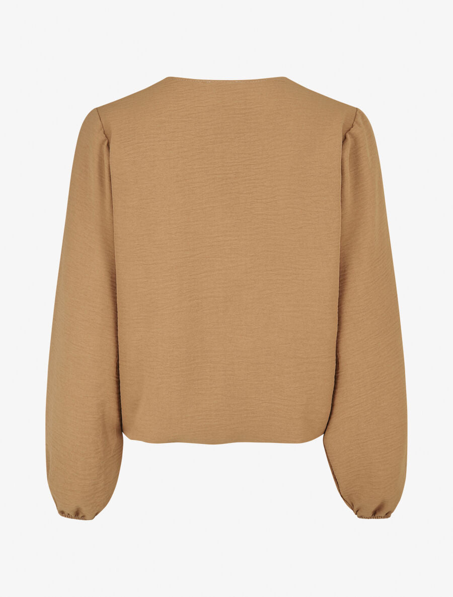 Blouse à col V brodé - Camel - 2