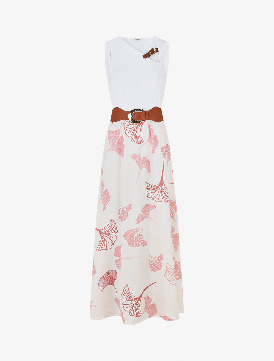 Robe longue imprimé végétal et col à sangle - Vieux rose - 1