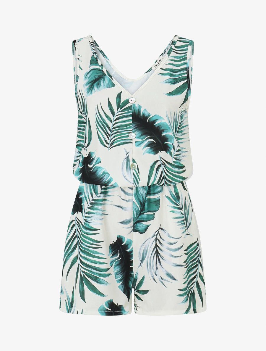 Combishort imprimé feuillage à taille élastiquée - Vert - 1