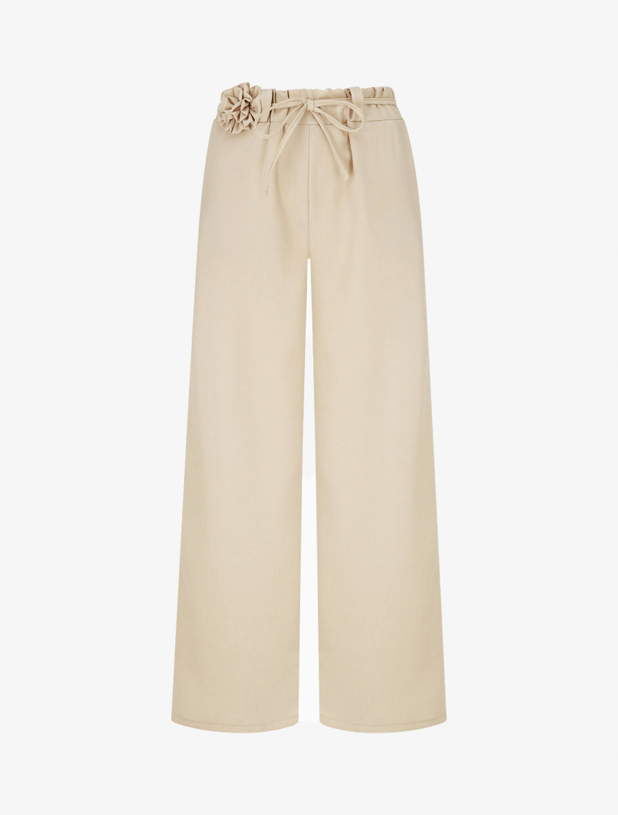 Pantalon droit taille haute à ceinture fleurie - Beige - 1