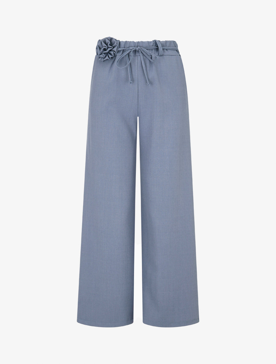 Pantalon droit taille haute à ceinture fleurie - Bleu clair - 1