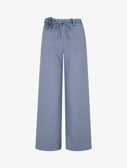 Pantalon droit taille haute à ceinture fleurie - Bleu clair - 1