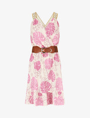 Robe mi-longue élastiquée imprimé feuilles - Vieux rose - 1