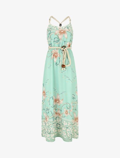 Robe longue imprimé floral à bretelles en corde - Vert d&