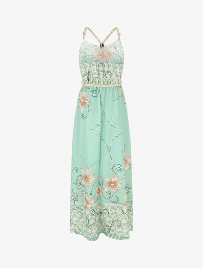 Robe longue imprimé floral à bretelles en corde - Vert d&