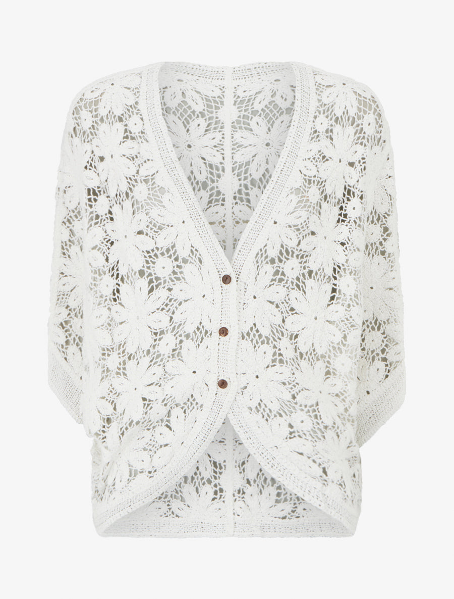 Gilet mi-long en crochet fleuri - Blanc - 1
