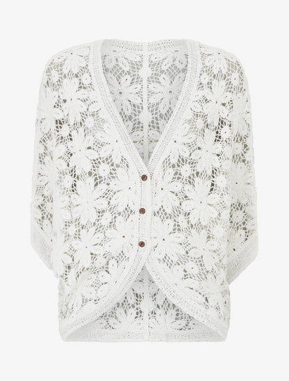 Gilet mi-long en crochet fleuri - Blanc - 1