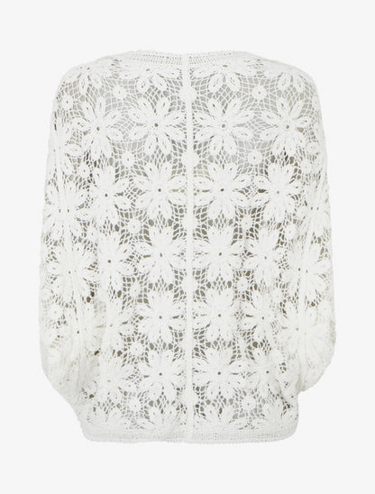 Gilet mi-long en crochet fleuri - Blanc - 2