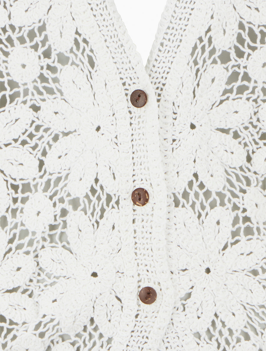 Gilet mi-long en crochet fleuri - Blanc - 3
