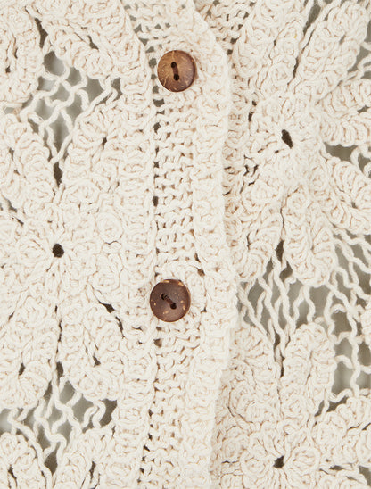 Gilet mi-long en crochet fleuri - Beige - 3