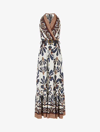 Robe longue élastiquée à nouer à la nuque - Marine - 1