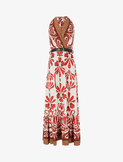 Robe longue élastiquée à nouer à la nuque - Rouge - 1