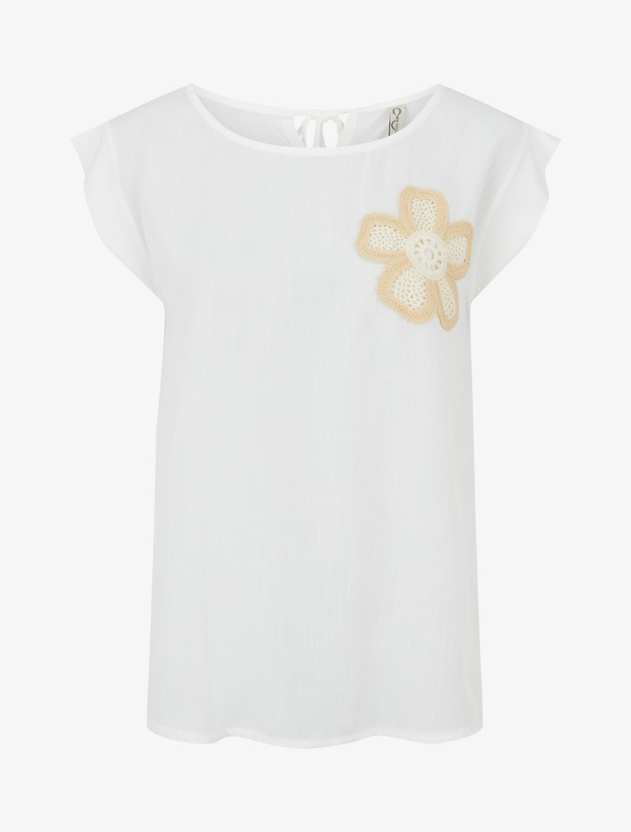 Top uni à fleur brodée - Blanc - 1